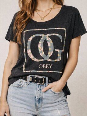 Obey Floral Logo Graphic Tee Heather Charcoal Soft Grunge Y2K S